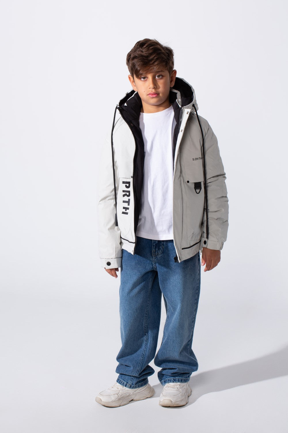 Boy's High-Neck Side Print With Pockets Long Sleeve Hooded Thermal Modern Jacket