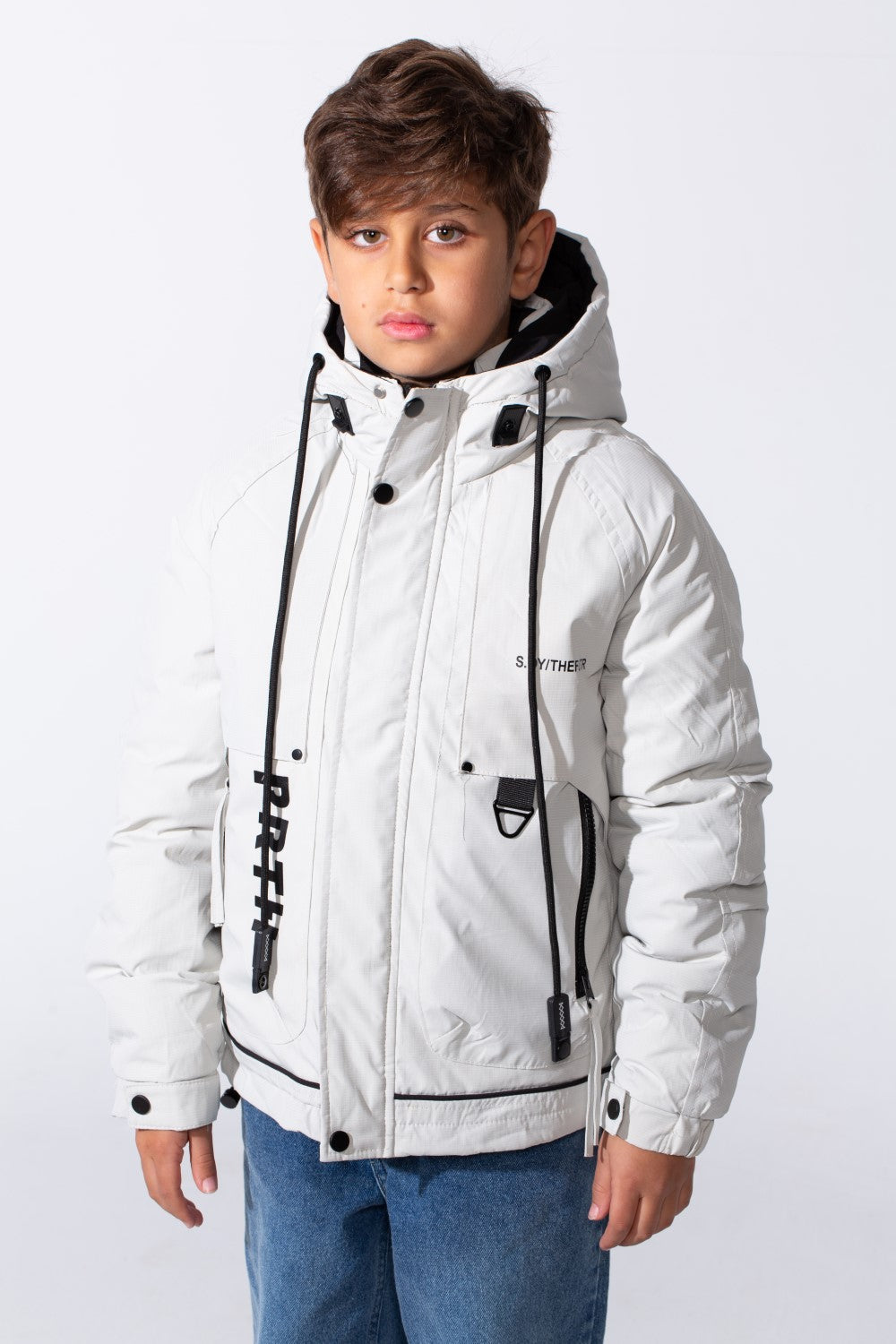 Boy's High-Neck Side Print With Pockets Long Sleeve Hooded Thermal Modern Jacket