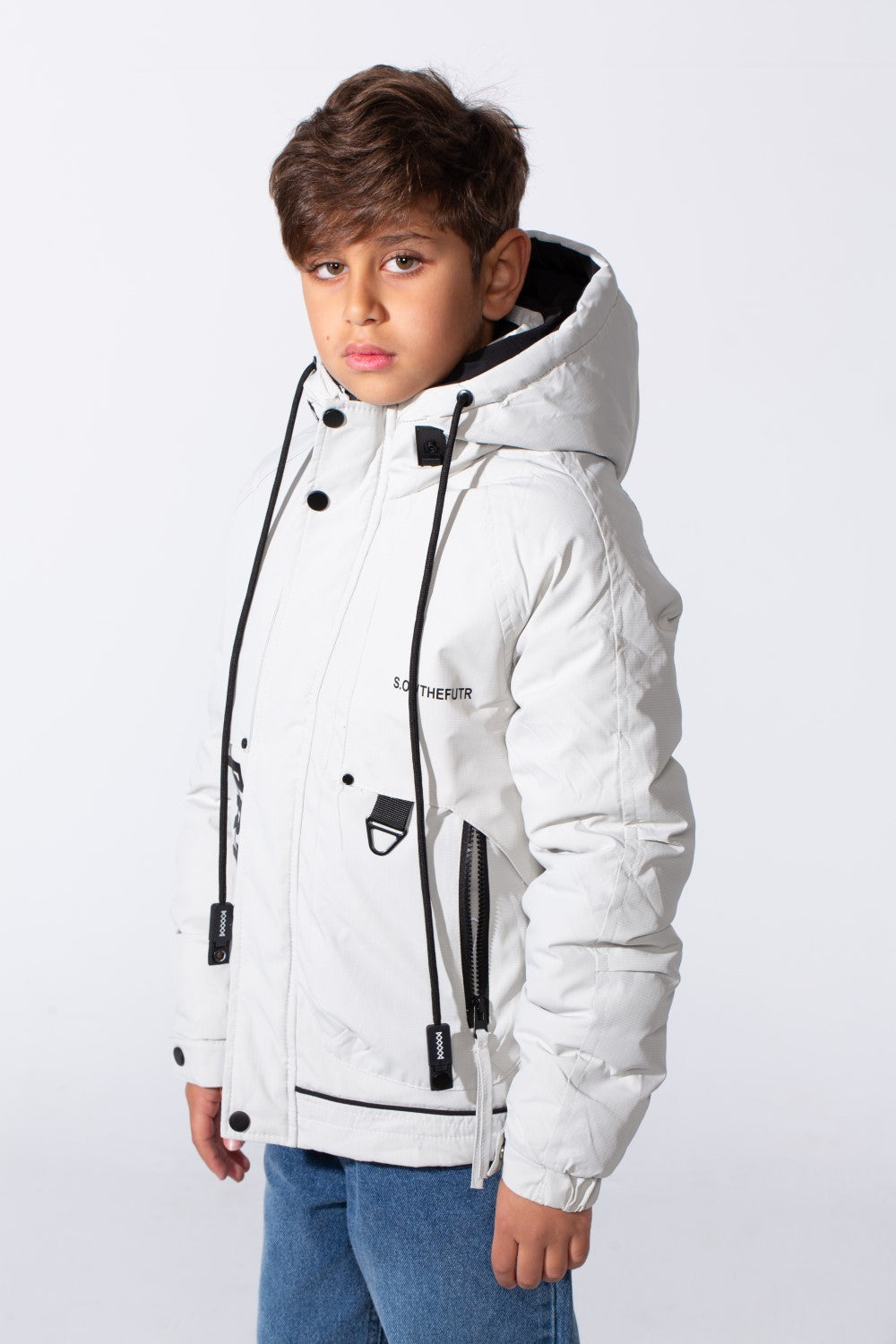 Boy's High-Neck Side Print With Pockets Long Sleeve Hooded Thermal Modern Jacket