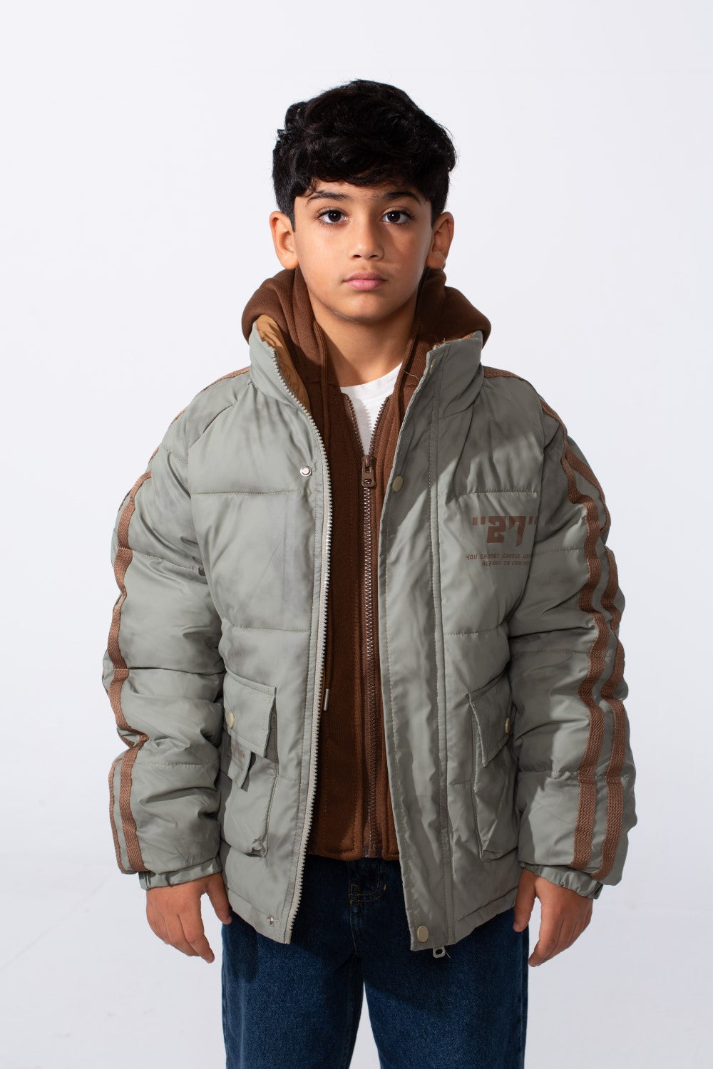 جاكيت مبطن مقاوم للماء بأكمام مخططة بطبقة مزدوجة للأولاد