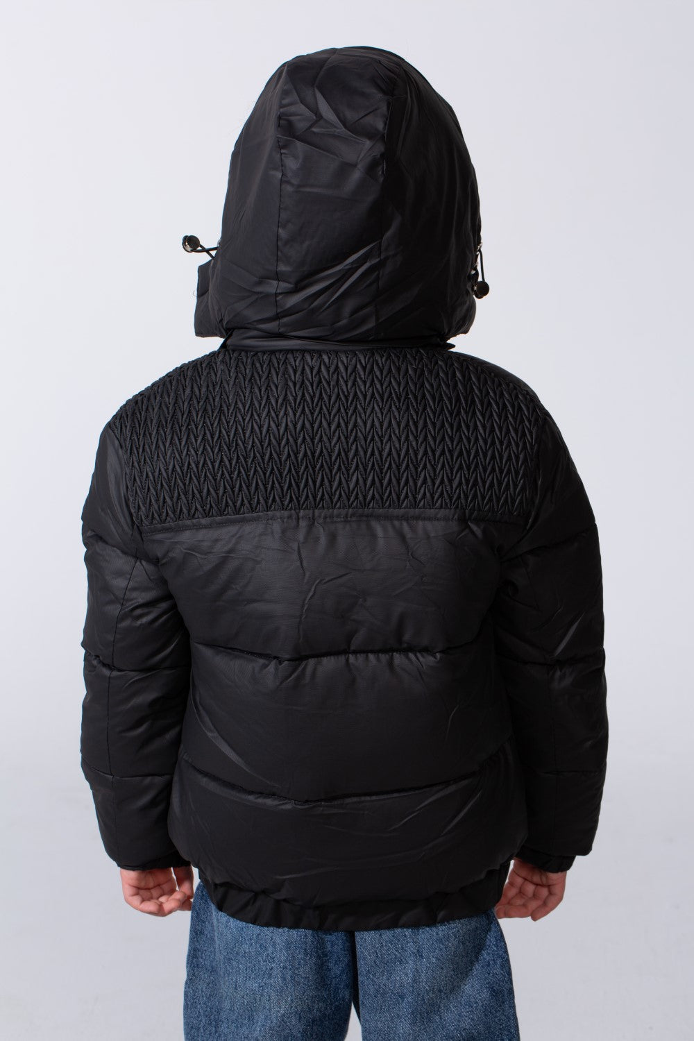 Boy's Long Sleeve High Neck Textured Pattern With Full Zip Side Pockets Hooded Waterproof Jacket