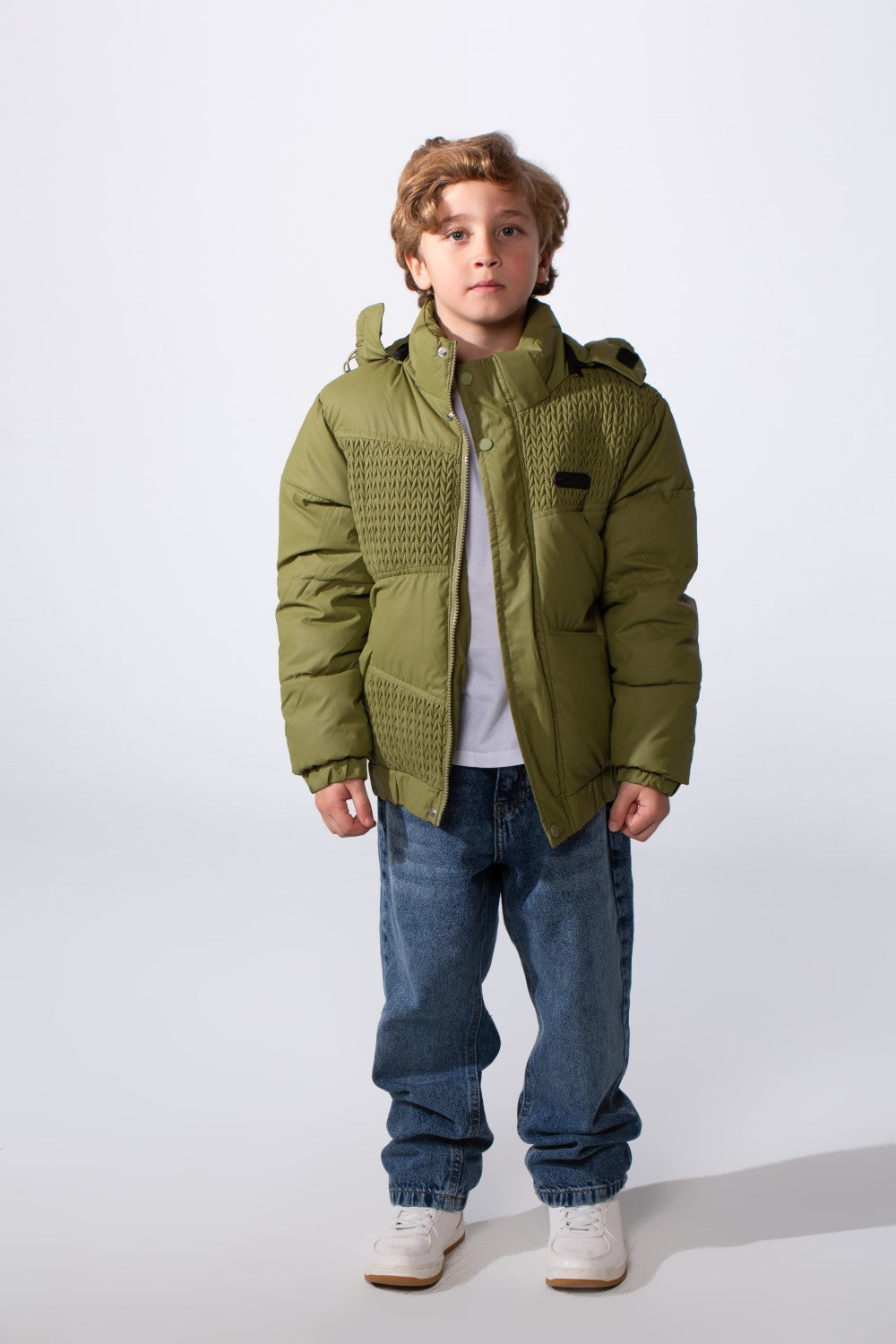Boy's Long Sleeve High Neck Textured Pattern With Full Zip Side Pockets Hooded Waterproof Jacket