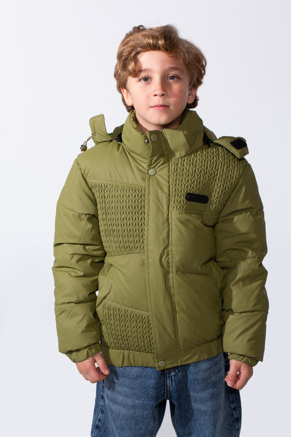 Boy's Long Sleeve High Neck Textured Pattern With Full Zip Side Pockets Hooded Waterproof Jacket