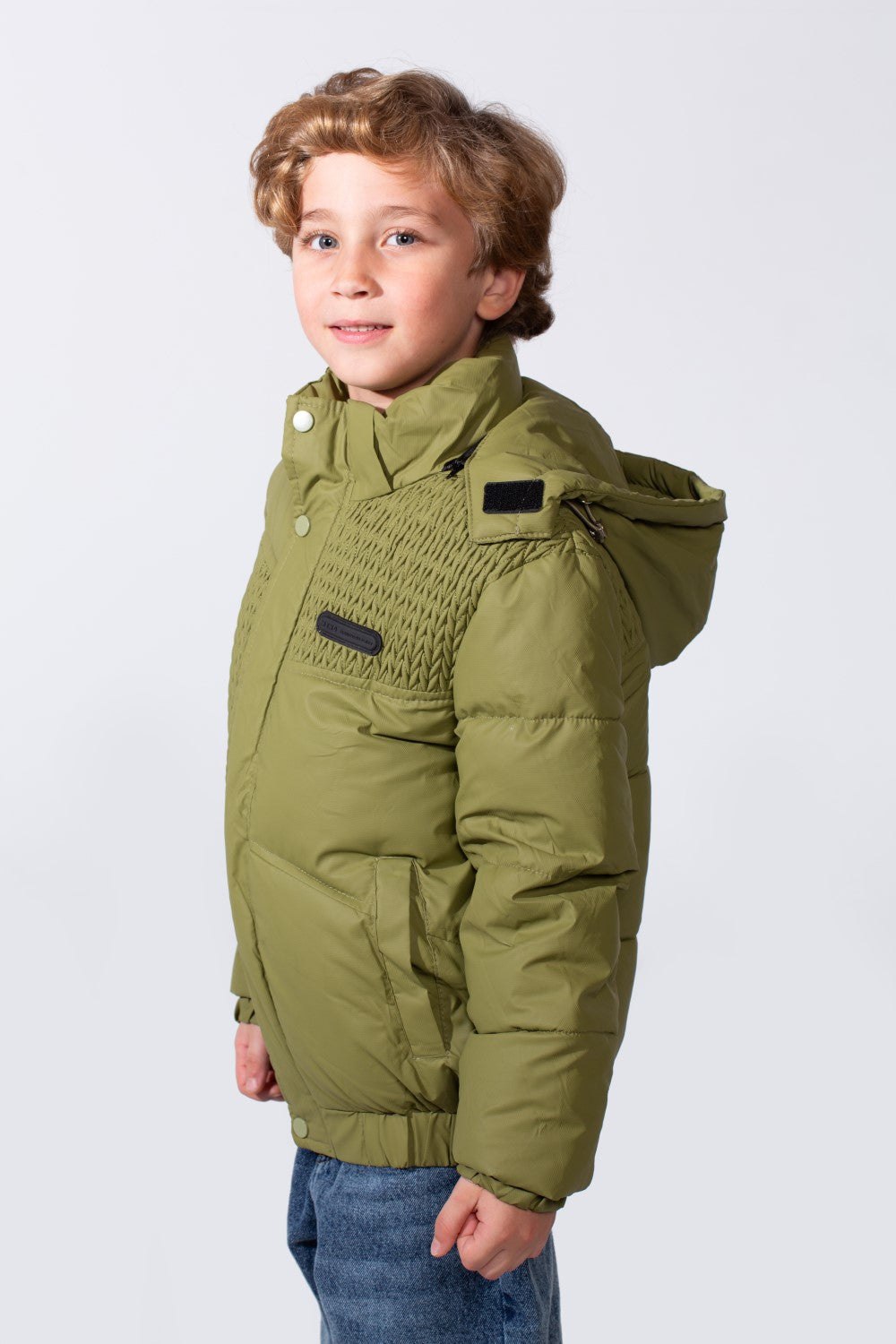 Boy's Long Sleeve High Neck Textured Pattern With Full Zip Side Pockets Hooded Waterproof Jacket