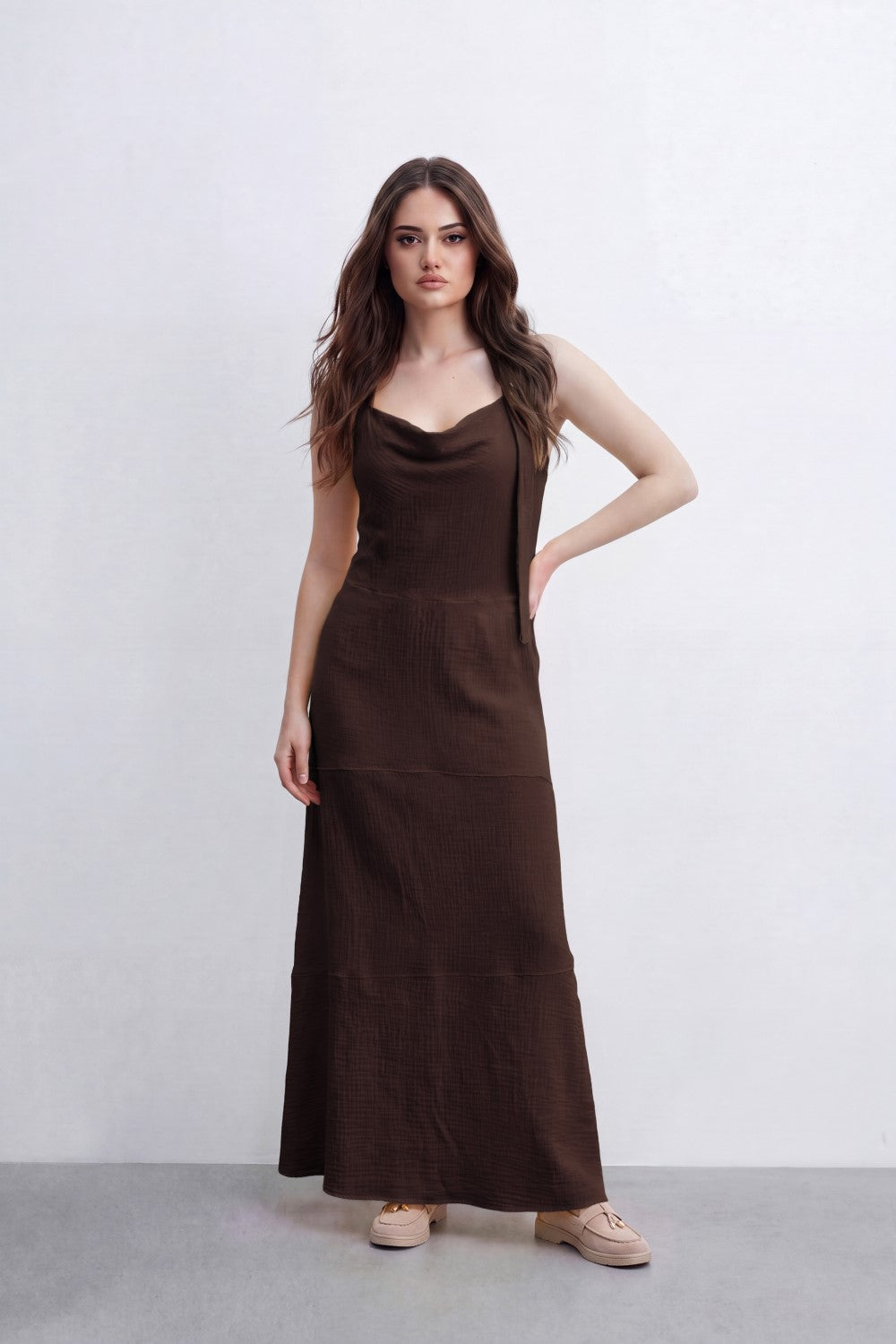 Women’s Tomato Store Cowl Back Maxi Dress Subtle Windowpane Texture Runs Through Full Length Open Back Smocked Waist Panel Single Tie Strap Side
