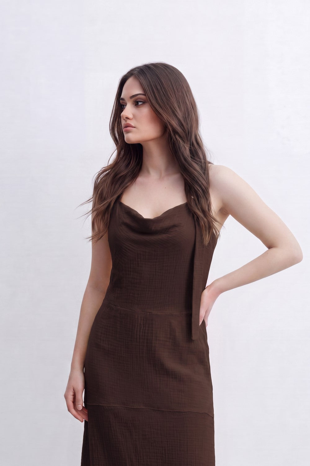 Women’s Tomato Store Cowl Back Maxi Dress Subtle Windowpane Texture Runs Through Full Length Open Back Smocked Waist Panel Single Tie Strap Side