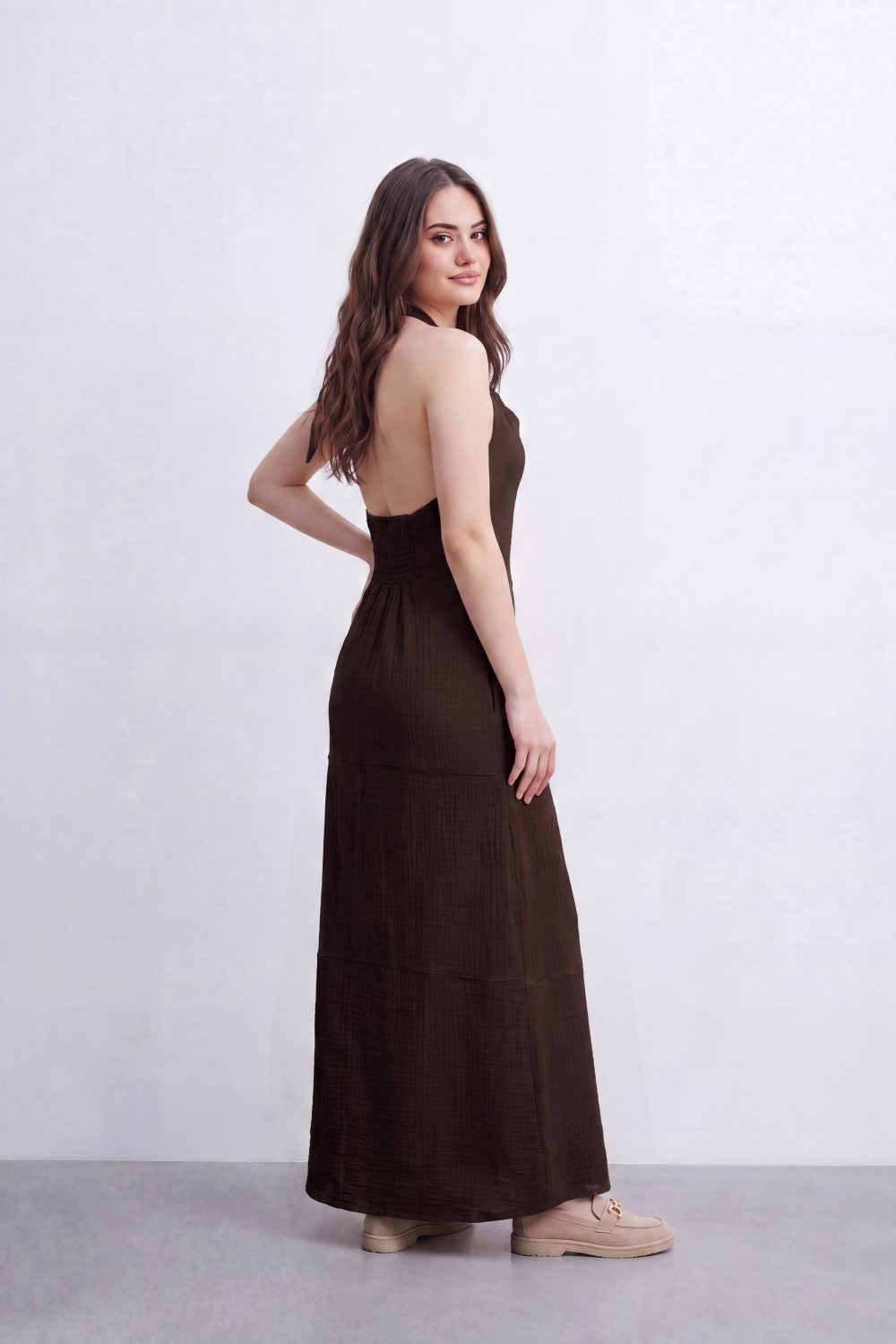 Women’s Tomato Store Cowl Back Maxi Dress Subtle Windowpane Texture Runs Through Full Length Open Back Smocked Waist Panel Single Tie Strap Side