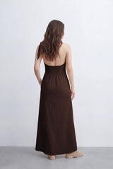 Women’s Tomato Store Cowl Back Maxi Dress Subtle Windowpane Texture Runs Through Full Length Open Back Smocked Waist Panel Single Tie Strap Side