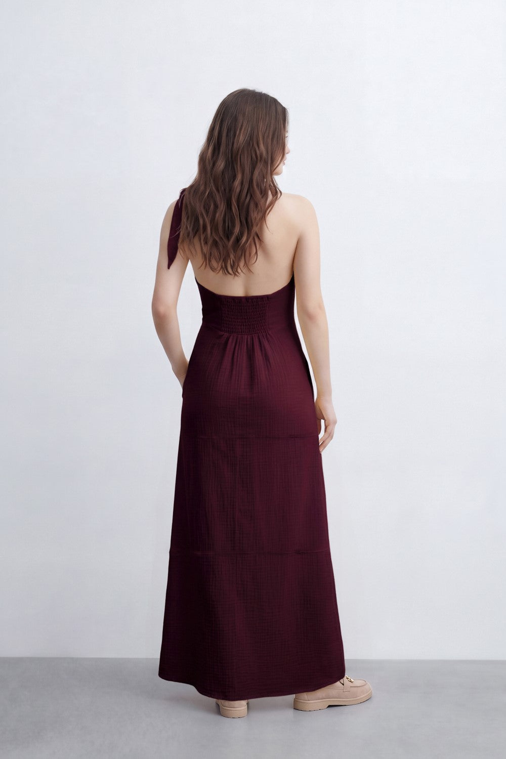 Women’s Tomato Store Cowl Back Maxi Dress Subtle Windowpane Texture Runs Through Full Length Open Back Smocked Waist Panel Single Tie Strap Side