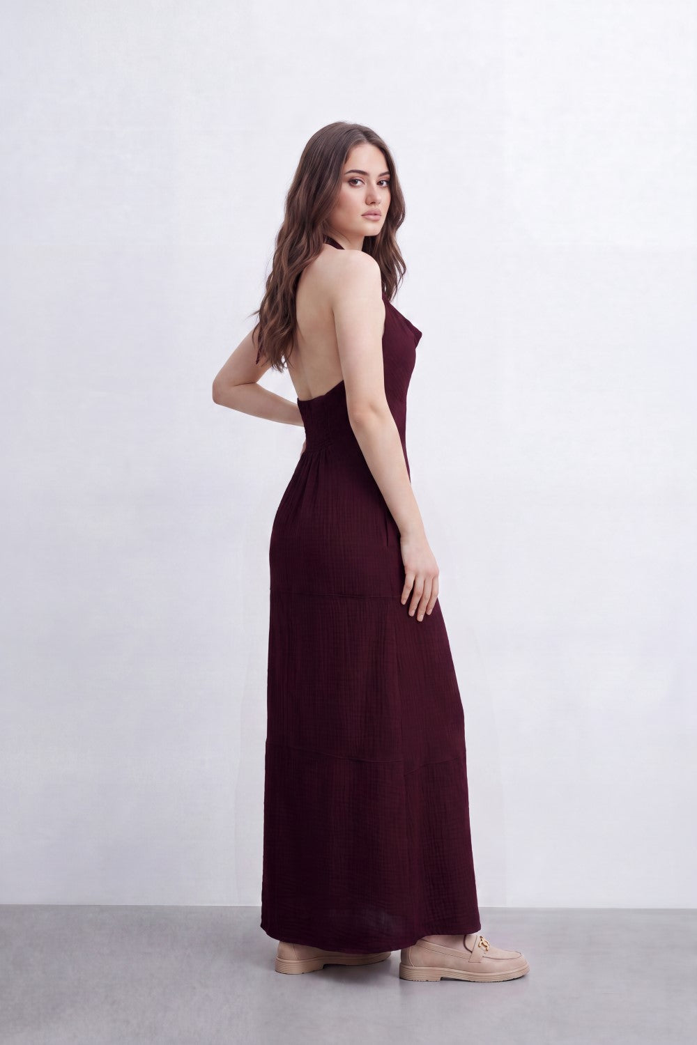 Women’s Tomato Store Cowl Back Maxi Dress Subtle Windowpane Texture Runs Through Full Length Open Back Smocked Waist Panel Single Tie Strap Side