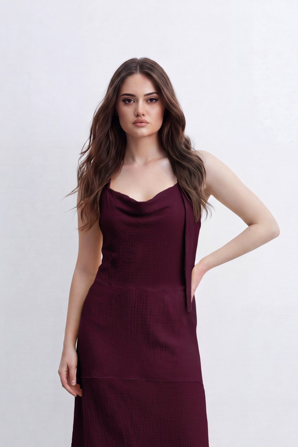 Women’s Tomato Store Cowl Back Maxi Dress Subtle Windowpane Texture Runs Through Full Length Open Back Smocked Waist Panel Single Tie Strap Side
