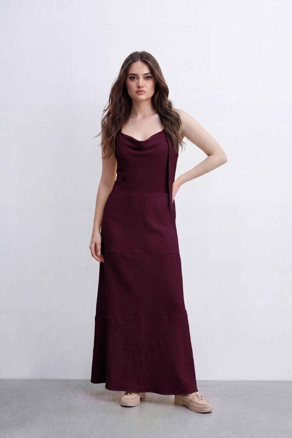 Women’s Tomato Store Cowl Back Maxi Dress Subtle Windowpane Texture Runs Through Full Length Open Back Smocked Waist Panel Single Tie Strap Side