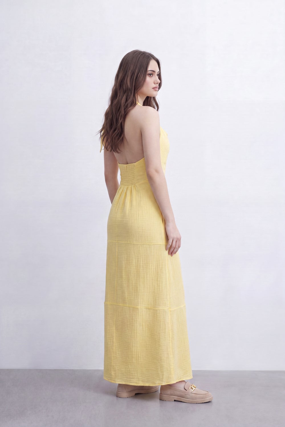 Women’s Tomato Store Cowl Back Maxi Dress Subtle Windowpane Texture Runs Through Full Length Open Back Smocked Waist Panel Single Tie Strap Side
