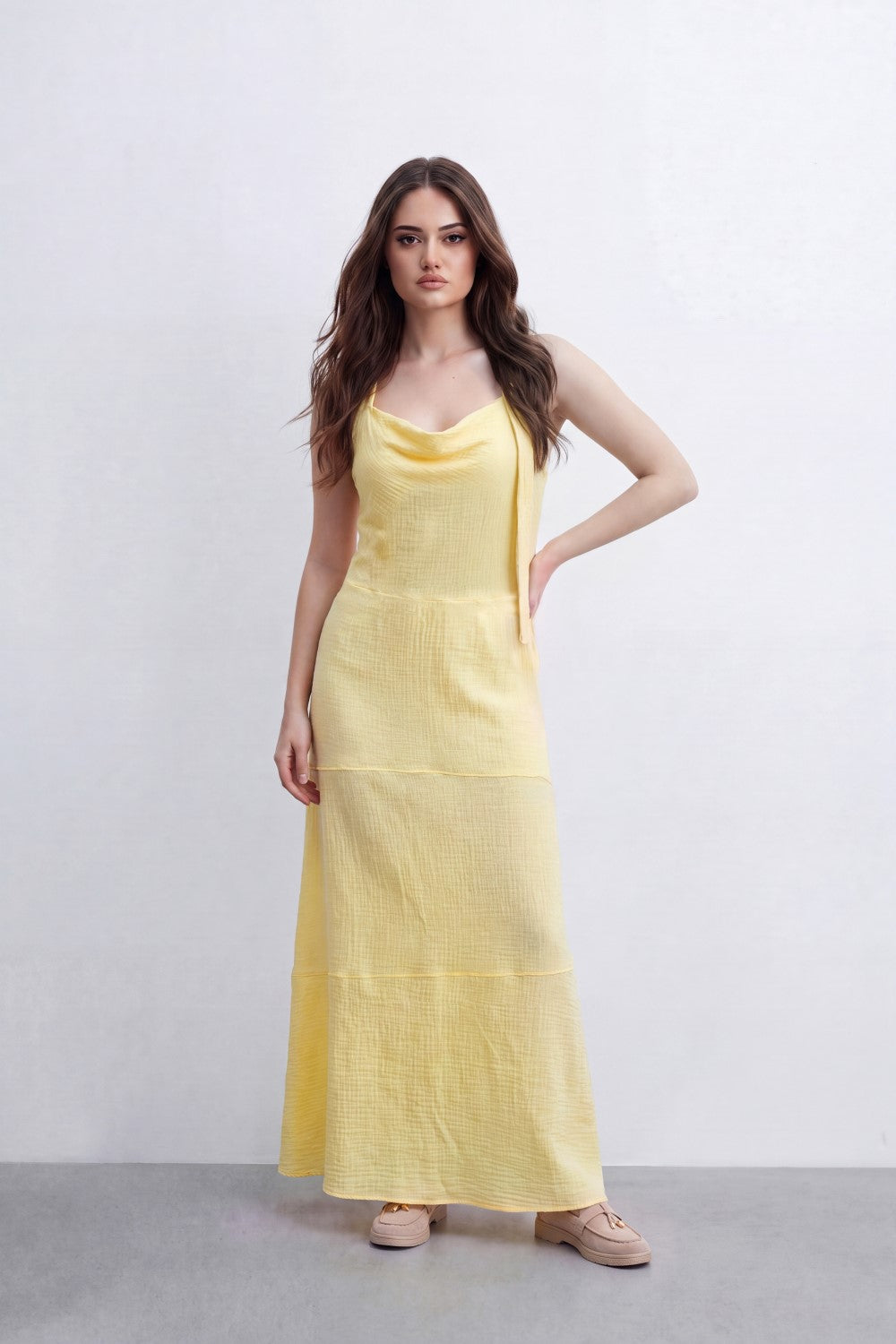 Women’s Tomato Store Cowl Back Maxi Dress Subtle Windowpane Texture Runs Through Full Length Open Back Smocked Waist Panel Single Tie Strap Side