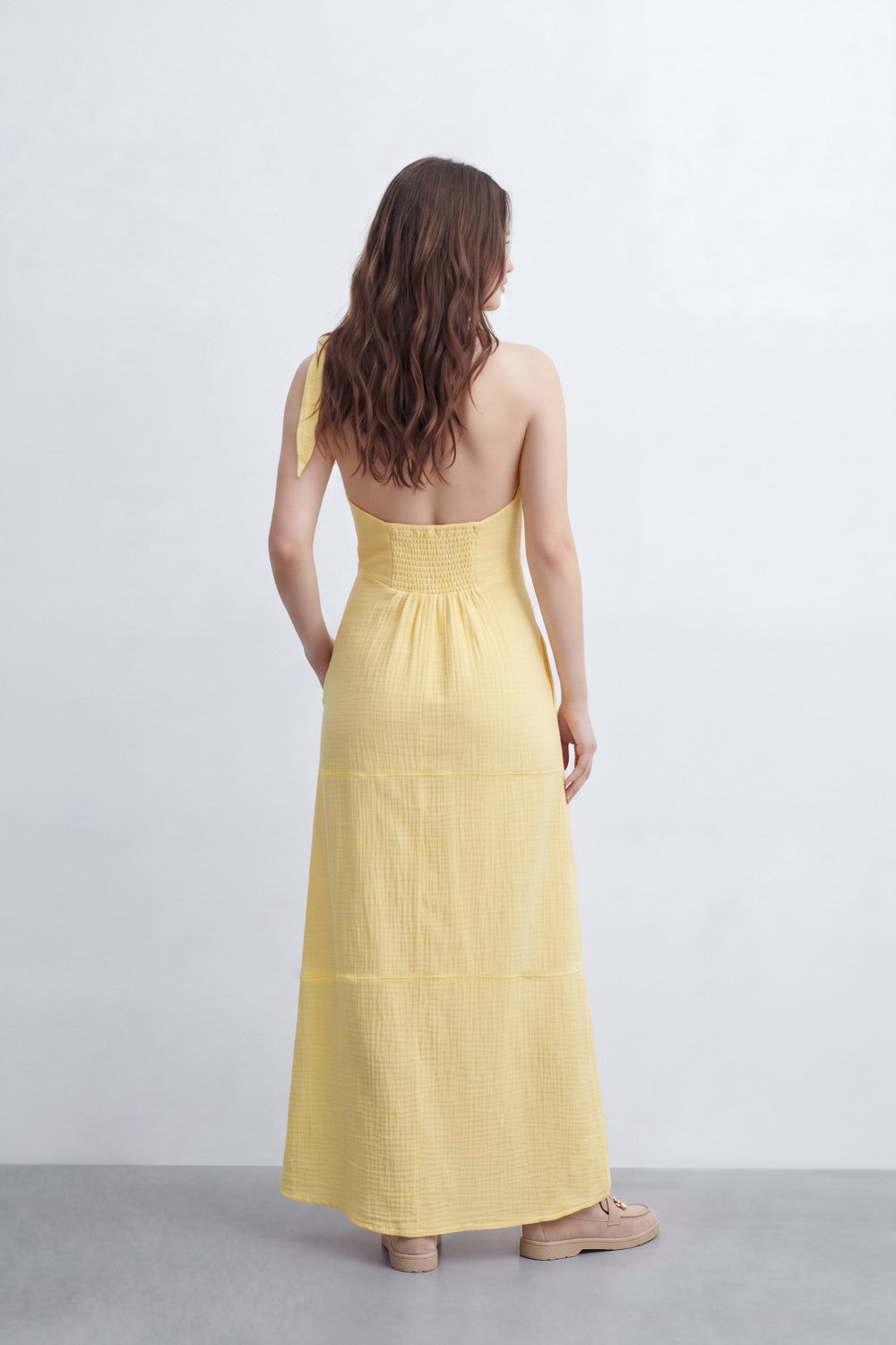 Women’s Tomato Store Cowl Back Maxi Dress Subtle Windowpane Texture Runs Through Full Length Open Back Smocked Waist Panel Single Tie Strap Side