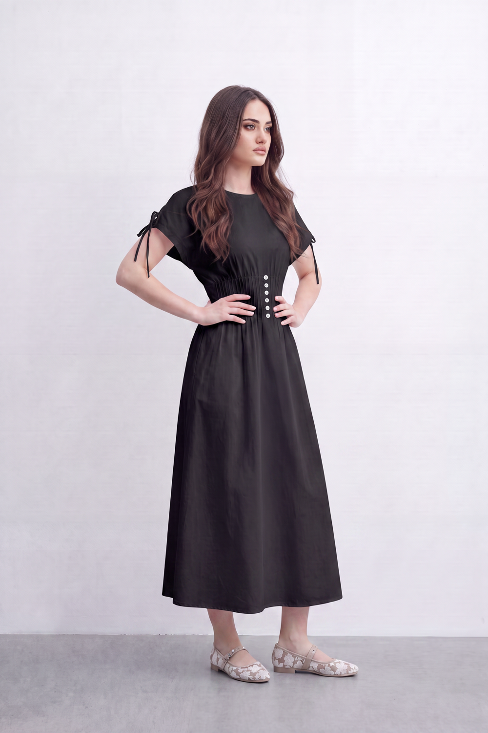 Women’s Tomato Store Cinch Button Midi Dress Smooth Matte Texture Gathered Waist Panel