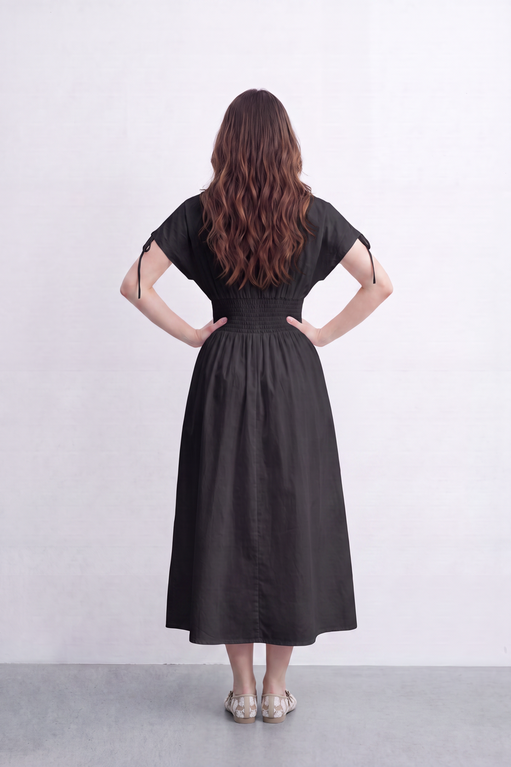 Women’s Tomato Store Cinch Button Midi Dress Smooth Matte Texture Gathered Waist Panel