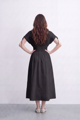 Women’s Tomato Store Cinch Button Midi Dress Smooth Matte Texture Gathered Waist Panel
