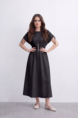 Women’s Tomato Store Cinch Button Midi Dress Smooth Matte Texture Gathered Waist Panel