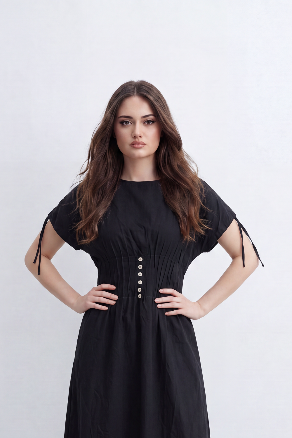 Women’s Tomato Store Cinch Button Midi Dress Smooth Matte Texture Gathered Waist Panel