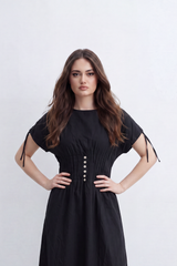 Women’s Tomato Store Cinch Button Midi Dress Smooth Matte Texture Gathered Waist Panel