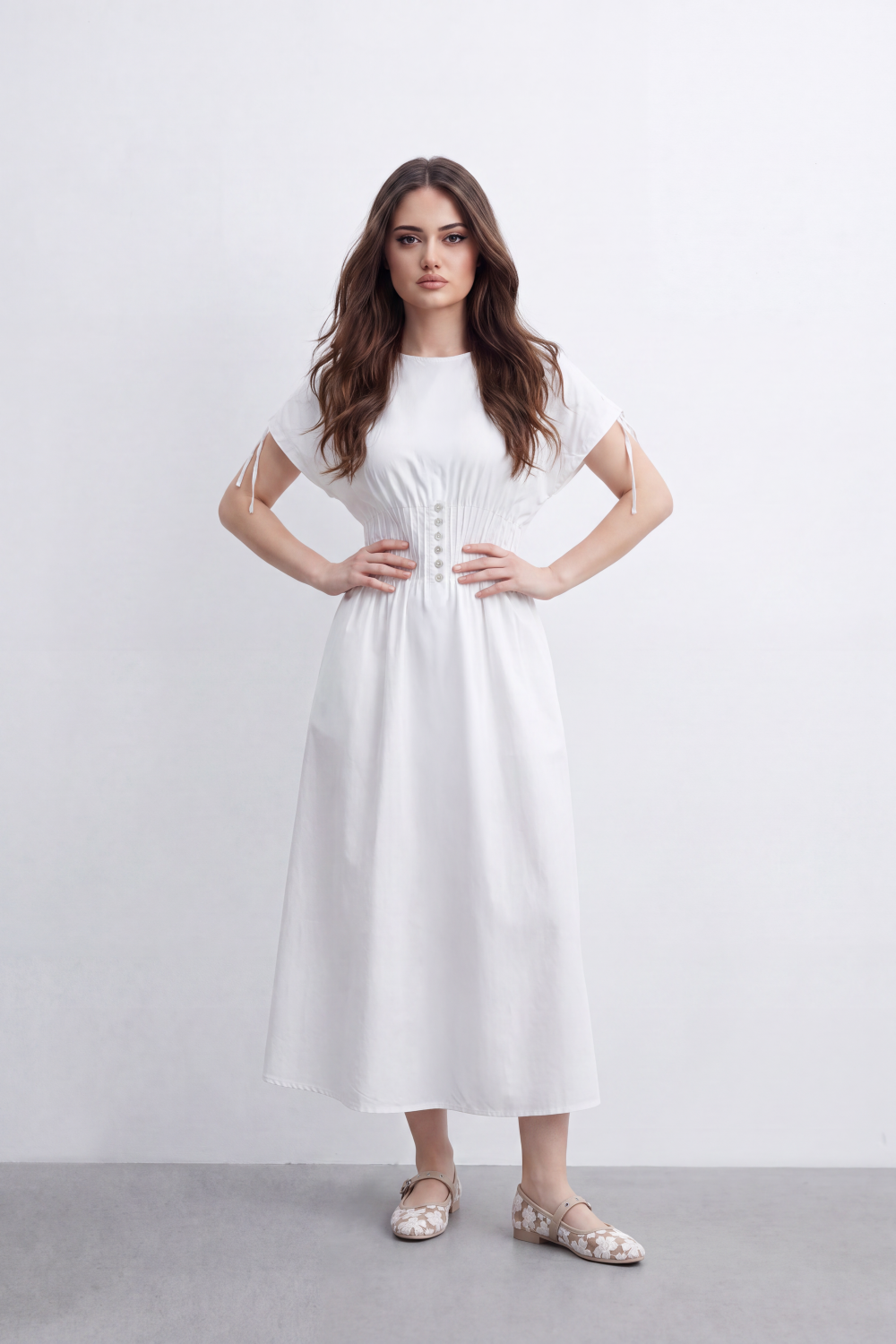 Women’s Tomato Store Cinch Button Midi Dress Smooth Matte Texture Gathered Waist Panel