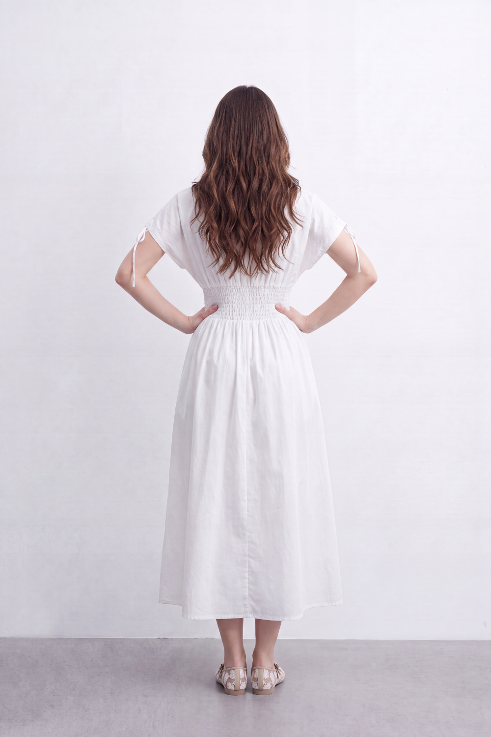 Women’s Tomato Store Cinch Button Midi Dress Smooth Matte Texture Gathered Waist Panel