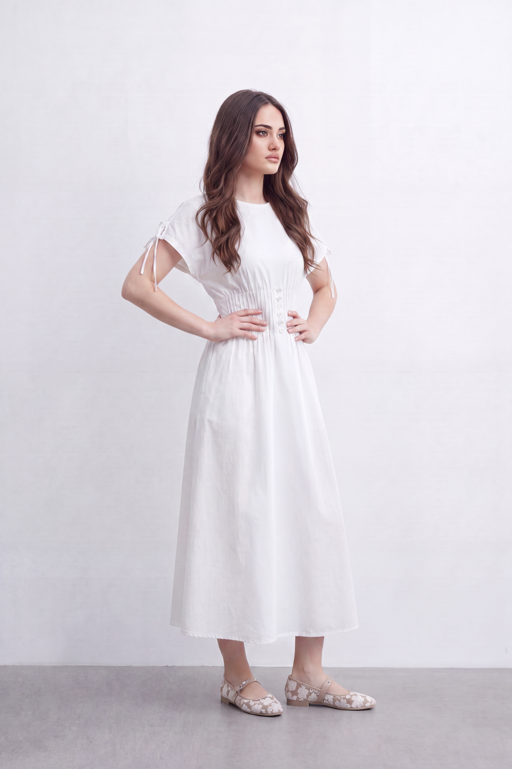 Women’s Tomato Store Cinch Button Midi Dress Smooth Matte Texture Gathered Waist Panel