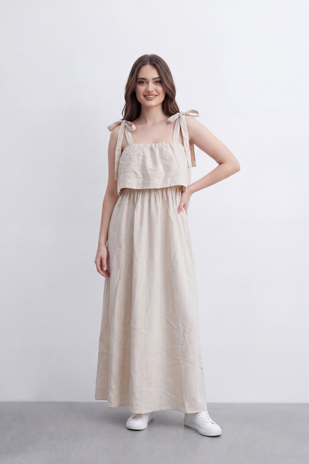 Women’s Tomato Store Calm Drape Maxi Dress Crinkled Slub Texture Layered Flounce Bodice Gathered Waist Full Length Flow