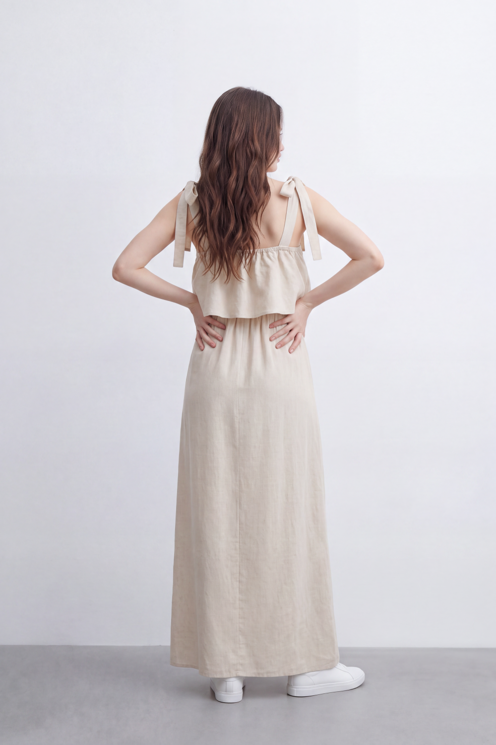 Women’s Tomato Store Calm Drape Maxi Dress Crinkled Slub Texture Layered Flounce Bodice Gathered Waist Full Length Flow