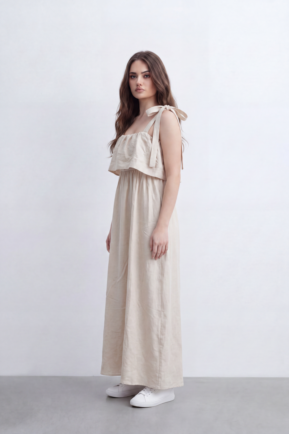 Women’s Tomato Store Calm Drape Maxi Dress Crinkled Slub Texture Layered Flounce Bodice Gathered Waist Full Length Flow