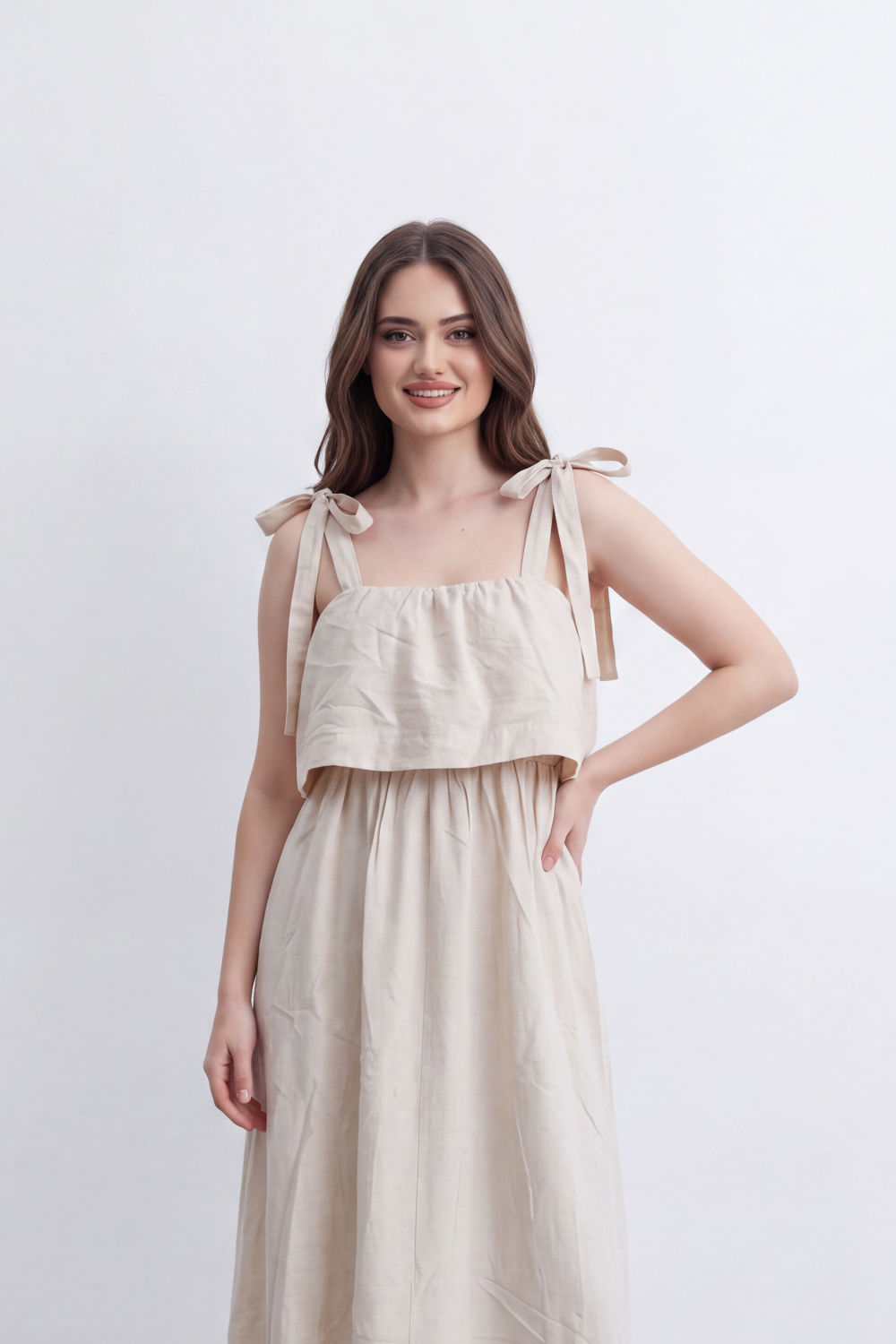 Women’s Tomato Store Calm Drape Maxi Dress Crinkled Slub Texture Layered Flounce Bodice Gathered Waist Full Length Flow