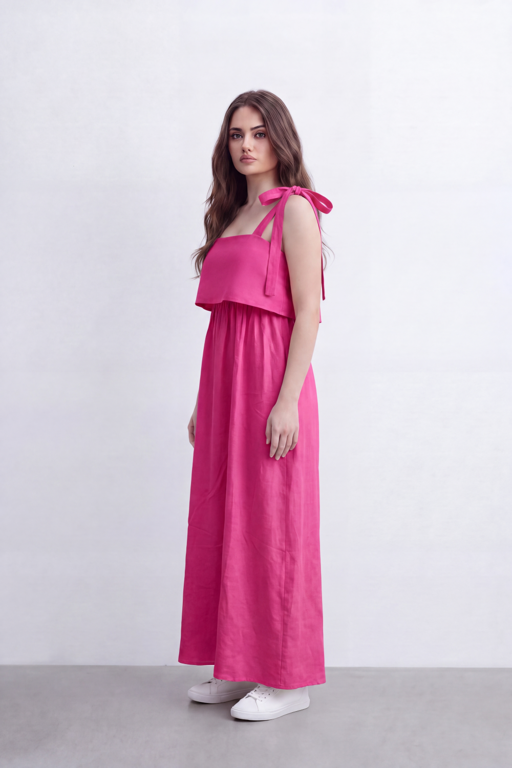 Women’s Tomato Store Calm Drape Maxi Dress Crinkled Slub Texture Layered Flounce Bodice Gathered Waist Full Length Flow