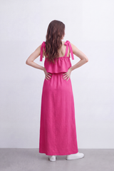 Women’s Tomato Store Calm Drape Maxi Dress Crinkled Slub Texture Layered Flounce Bodice Gathered Waist Full Length Flow