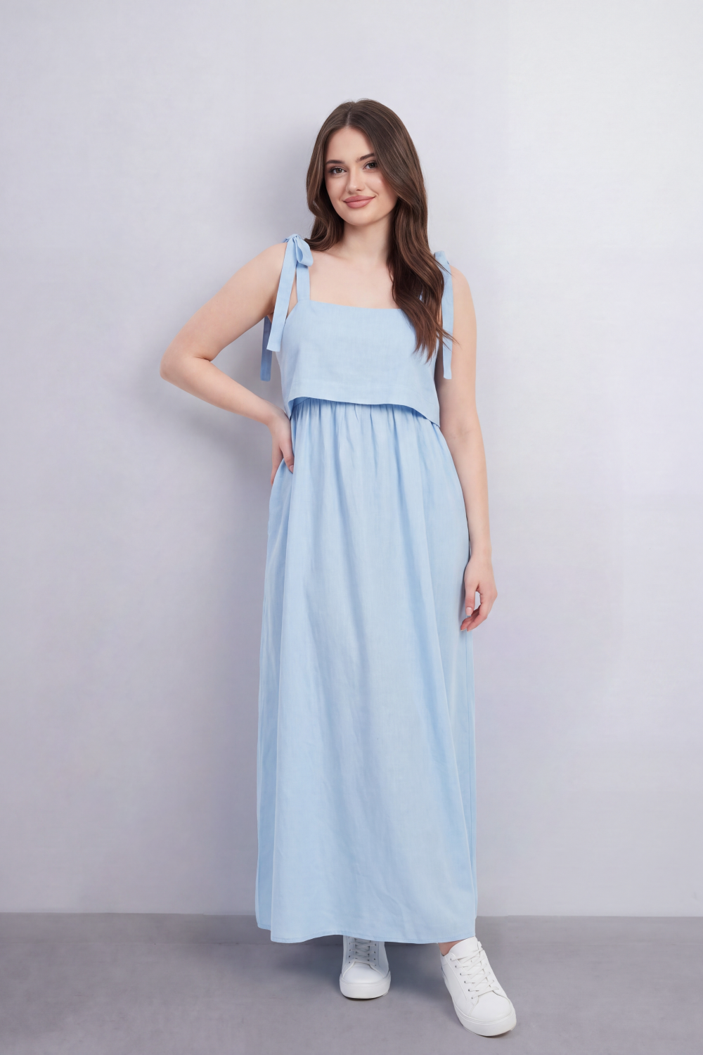 Women’s Tomato Store Calm Drape Maxi Dress Crinkled Slub Texture Layered Flounce Bodice Gathered Waist Full Length Flow