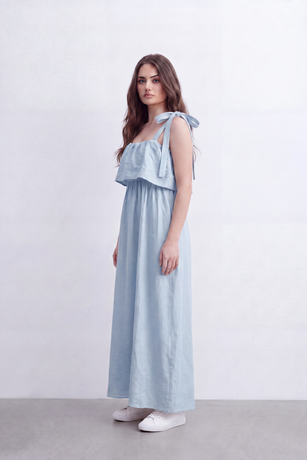 Women’s Tomato Store Calm Drape Maxi Dress Crinkled Slub Texture Layered Flounce Bodice Gathered Waist Full Length Flow