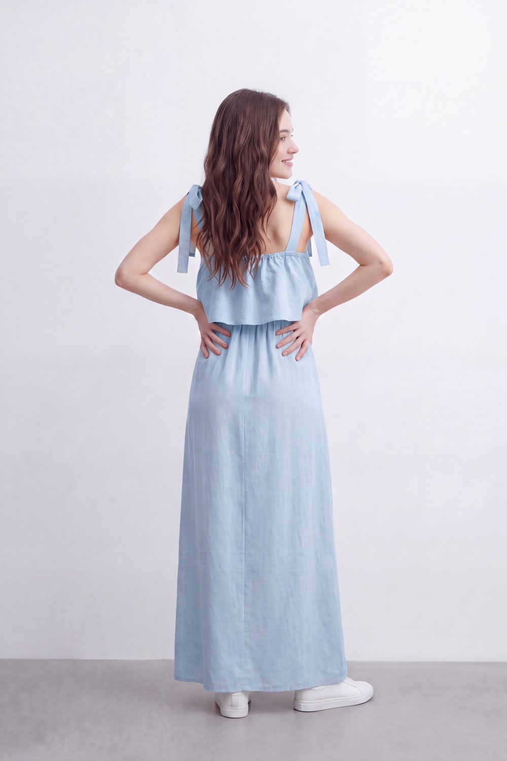 Women’s Tomato Store Calm Drape Maxi Dress Crinkled Slub Texture Layered Flounce Bodice Gathered Waist Full Length Flow