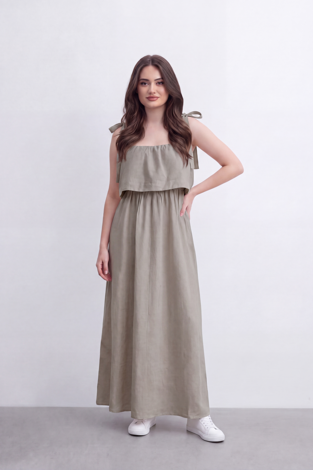 Women’s Tomato Store Calm Drape Maxi Dress Crinkled Slub Texture Layered Flounce Bodice Gathered Waist Full Length Flow