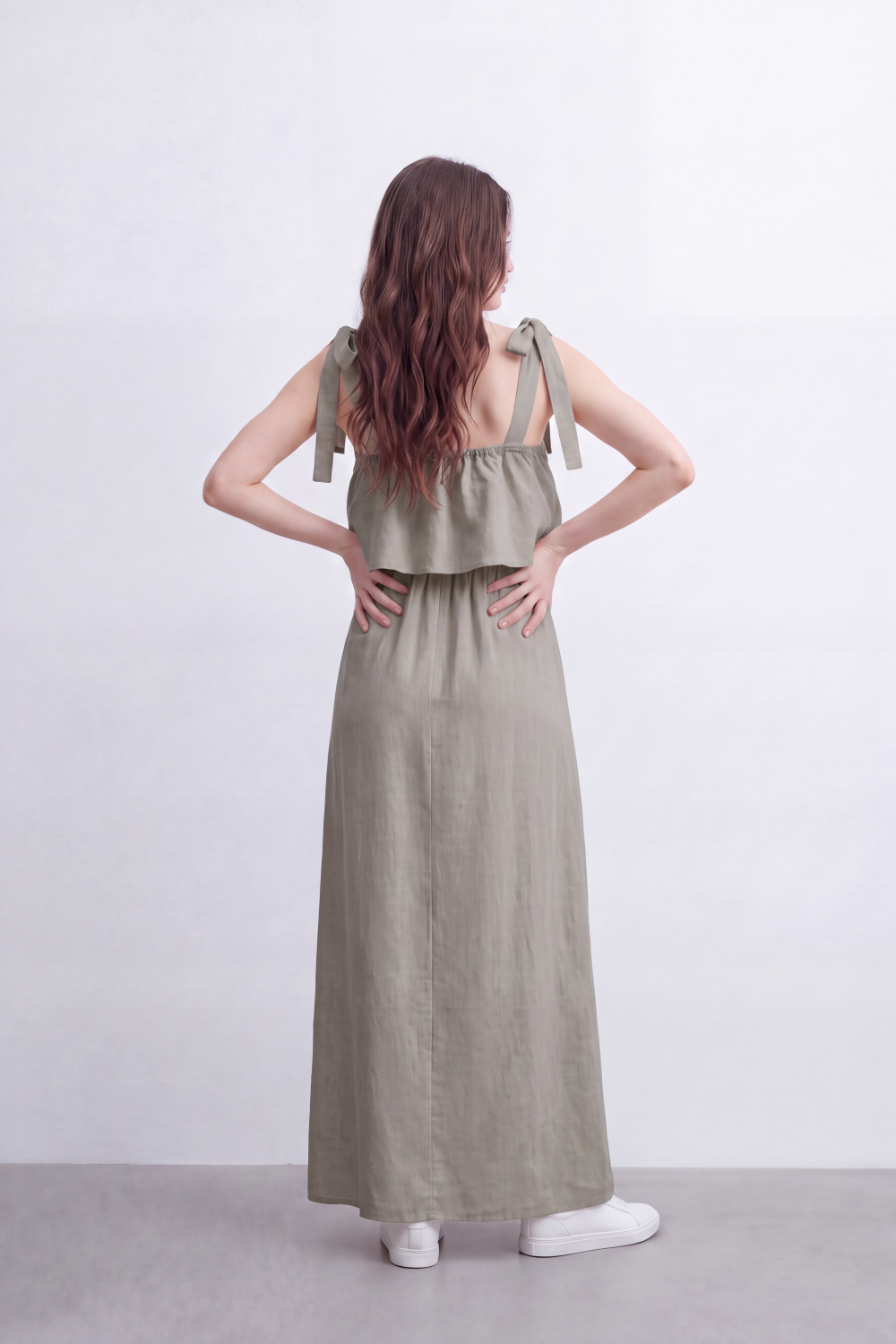 Women’s Tomato Store Calm Drape Maxi Dress Crinkled Slub Texture Layered Flounce Bodice Gathered Waist Full Length Flow