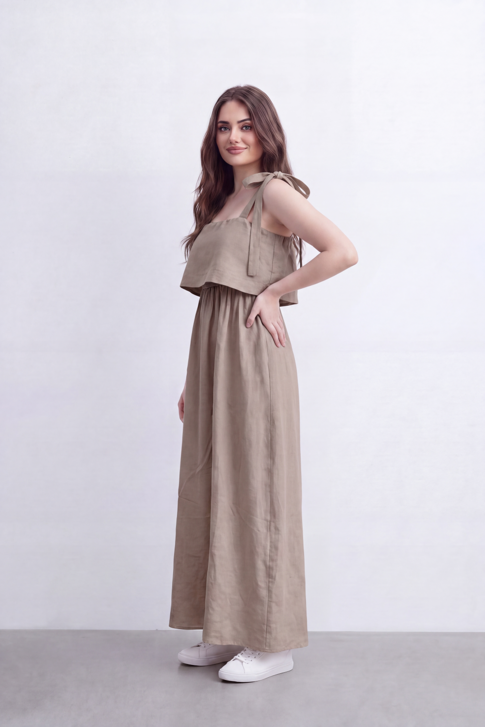 Women’s Tomato Store Calm Drape Maxi Dress Crinkled Slub Texture Layered Flounce Bodice Gathered Waist Full Length Flow