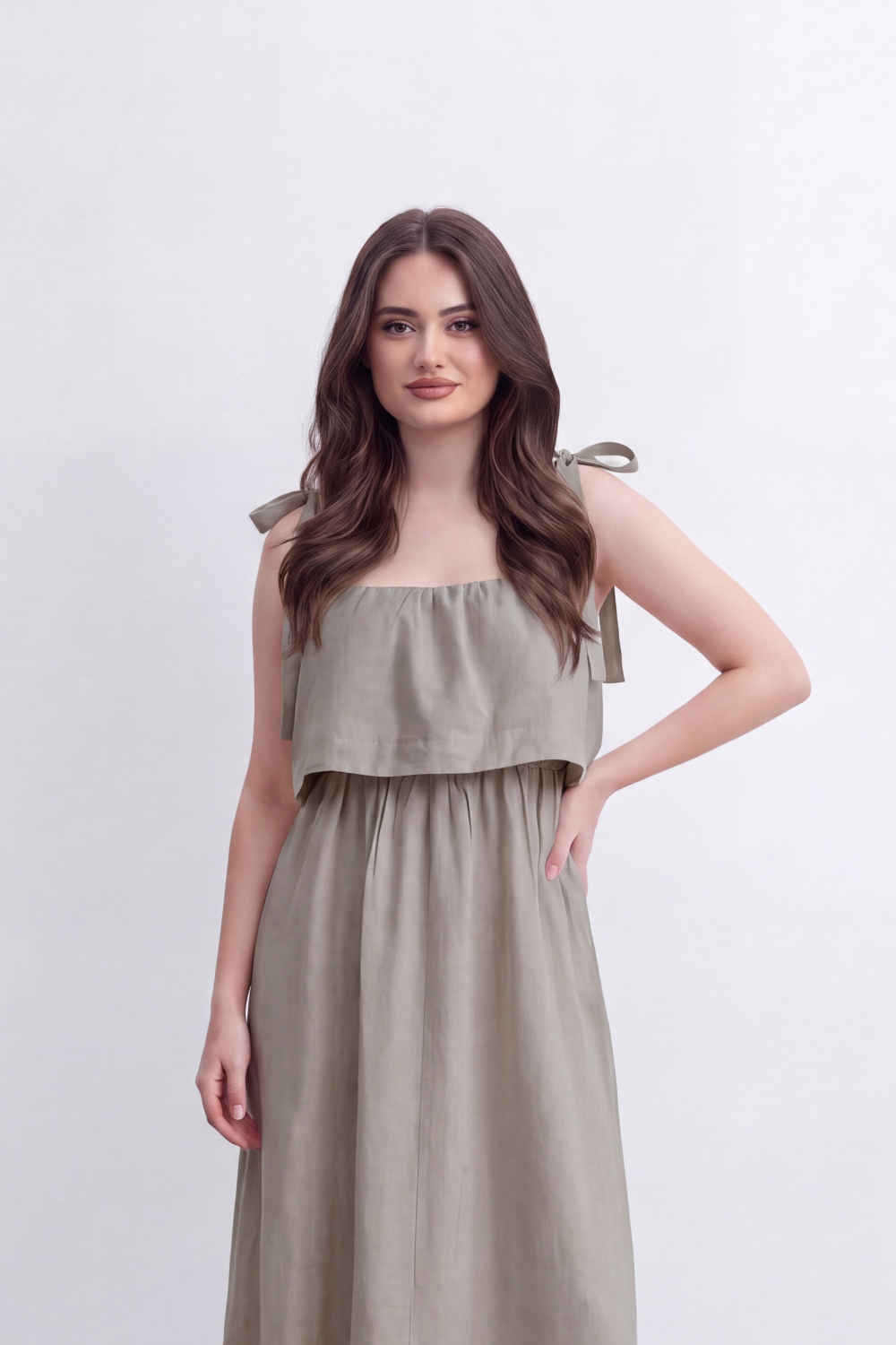 Women’s Tomato Store Calm Drape Maxi Dress Crinkled Slub Texture Layered Flounce Bodice Gathered Waist Full Length Flow