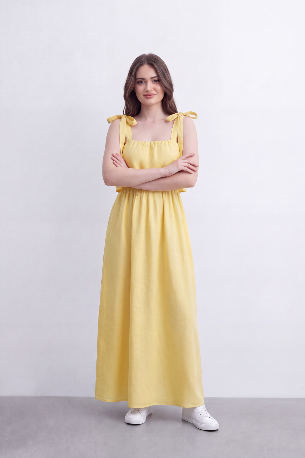 Women’s Tomato Store Calm Drape Maxi Dress Crinkled Slub Texture Layered Flounce Bodice Gathered Waist Full Length Flow