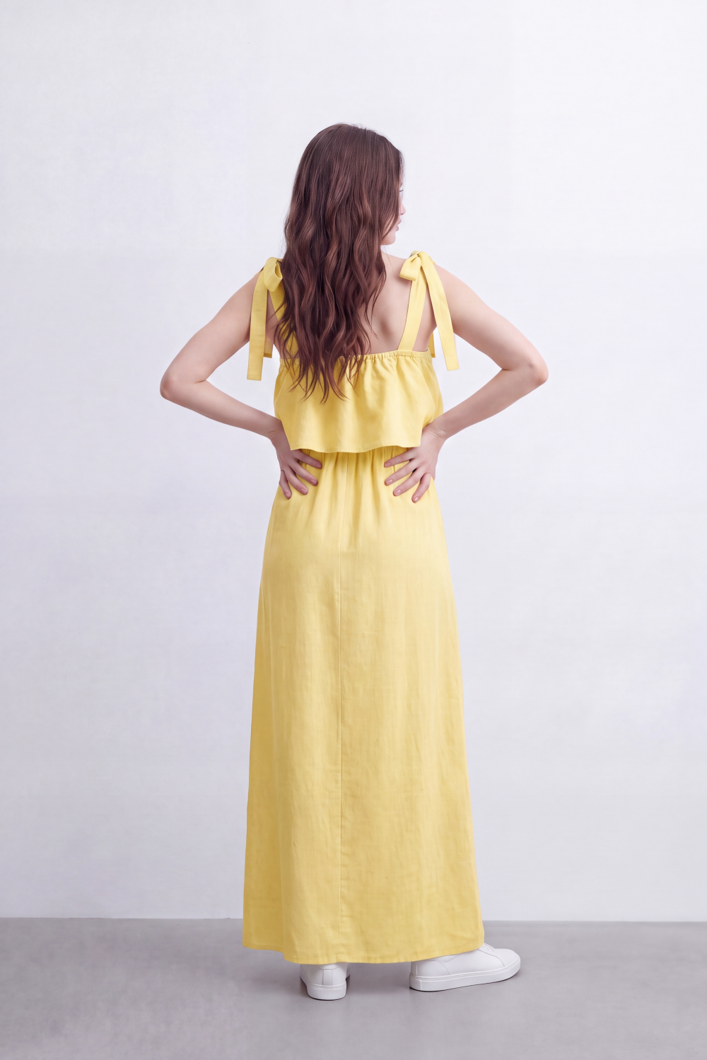 Women’s Tomato Store Calm Drape Maxi Dress Crinkled Slub Texture Layered Flounce Bodice Gathered Waist Full Length Flow