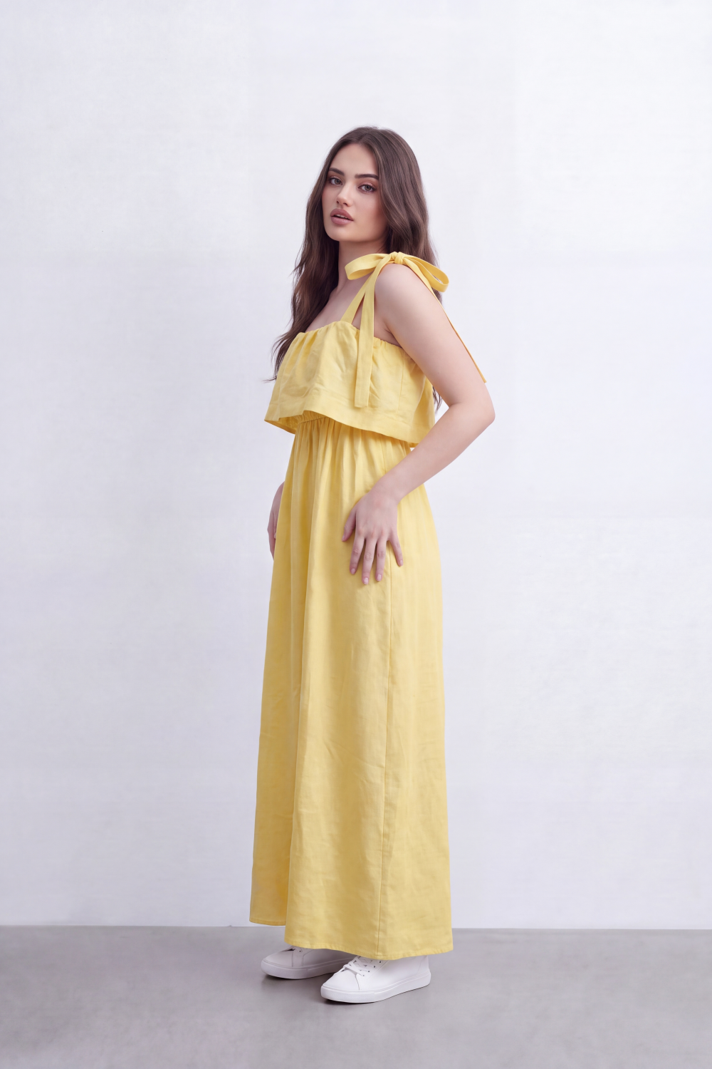 Women’s Tomato Store Calm Drape Maxi Dress Crinkled Slub Texture Layered Flounce Bodice Gathered Waist Full Length Flow