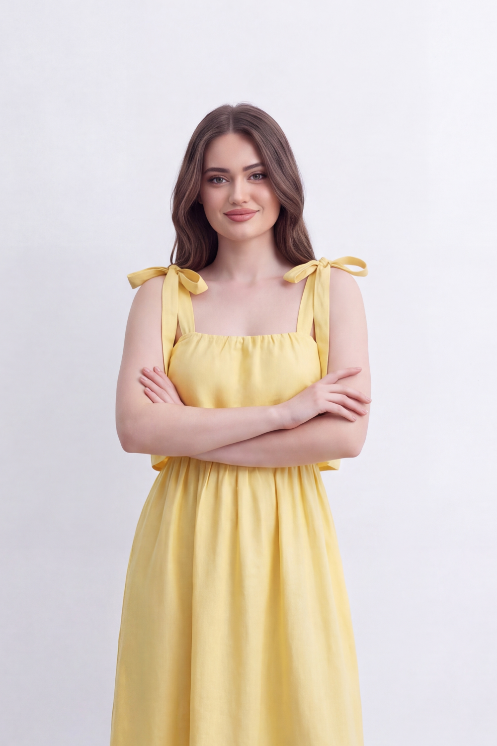Women’s Tomato Store Calm Drape Maxi Dress Crinkled Slub Texture Layered Flounce Bodice Gathered Waist Full Length Flow