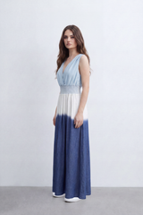 Women’s Tomato Store Horizon Ombre Maxi Dress Dip Dye Gradient Wash Flows Into Deep Border Finish Smocked Waist Detail Soft Crinkle Texture