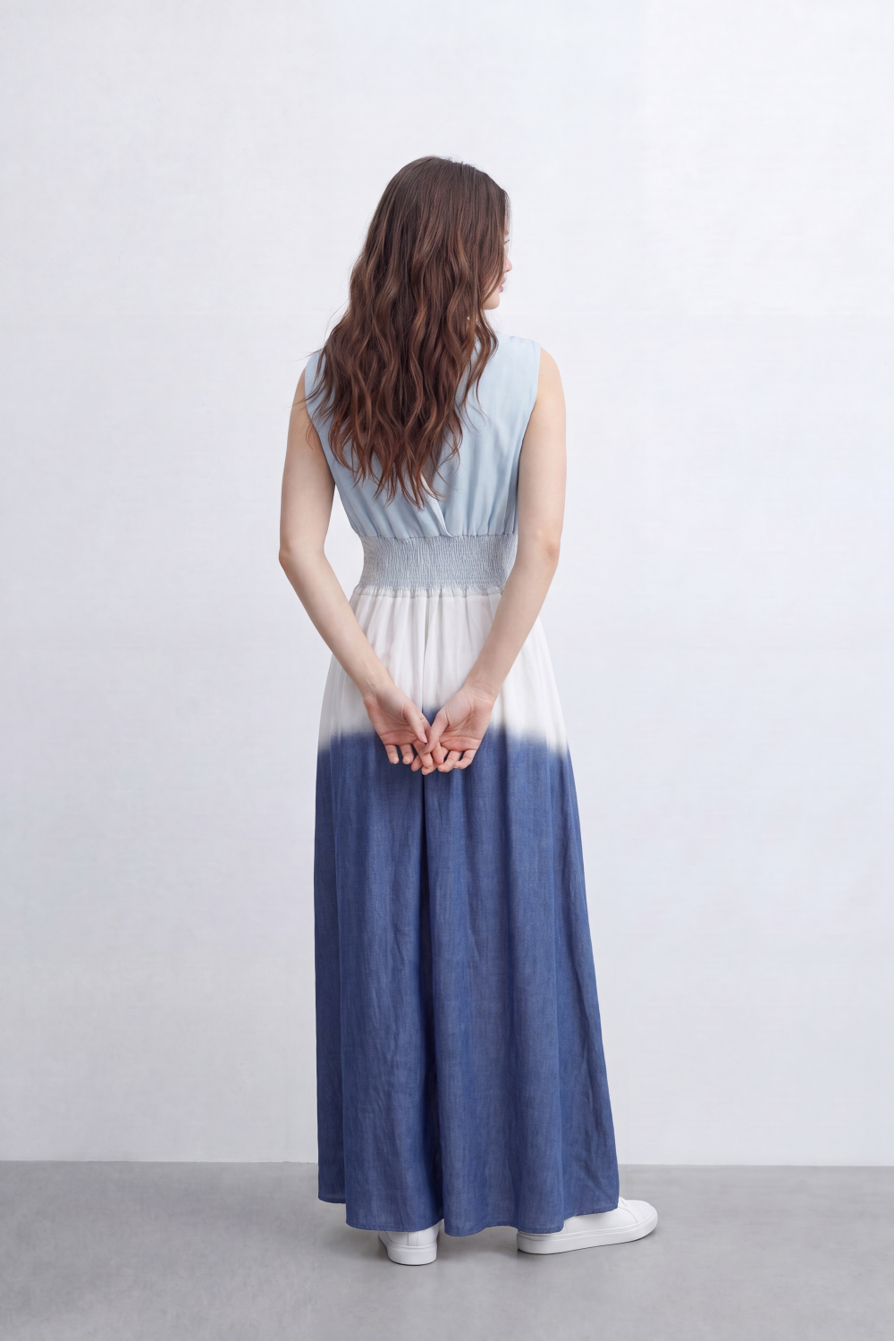 Women’s Tomato Store Horizon Ombre Maxi Dress Dip Dye Gradient Wash Flows Into Deep Border Finish Smocked Waist Detail Soft Crinkle Texture