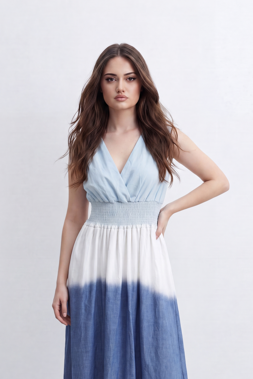 Women’s Tomato Store Horizon Ombre Maxi Dress Dip Dye Gradient Wash Flows Into Deep Border Finish Smocked Waist Detail Soft Crinkle Texture