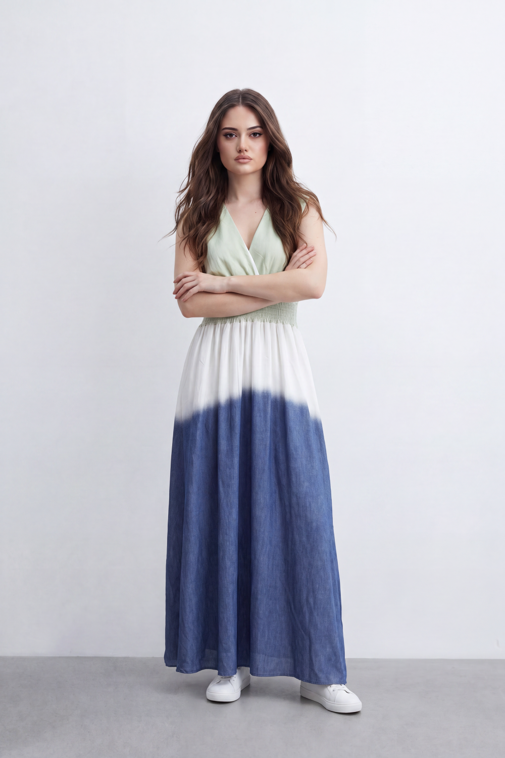 Women’s Tomato Store Horizon Ombre Maxi Dress Dip Dye Gradient Wash Flows Into Deep Border Finish Smocked Waist Detail Soft Crinkle Texture