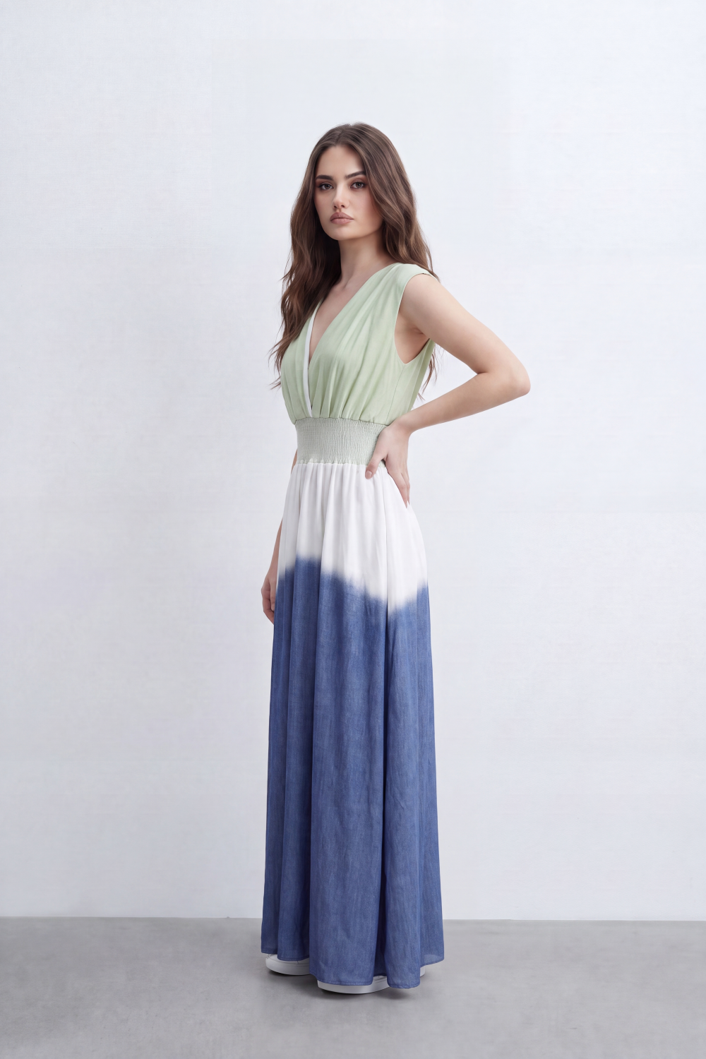 Women’s Tomato Store Horizon Ombre Maxi Dress Dip Dye Gradient Wash Flows Into Deep Border Finish Smocked Waist Detail Soft Crinkle Texture